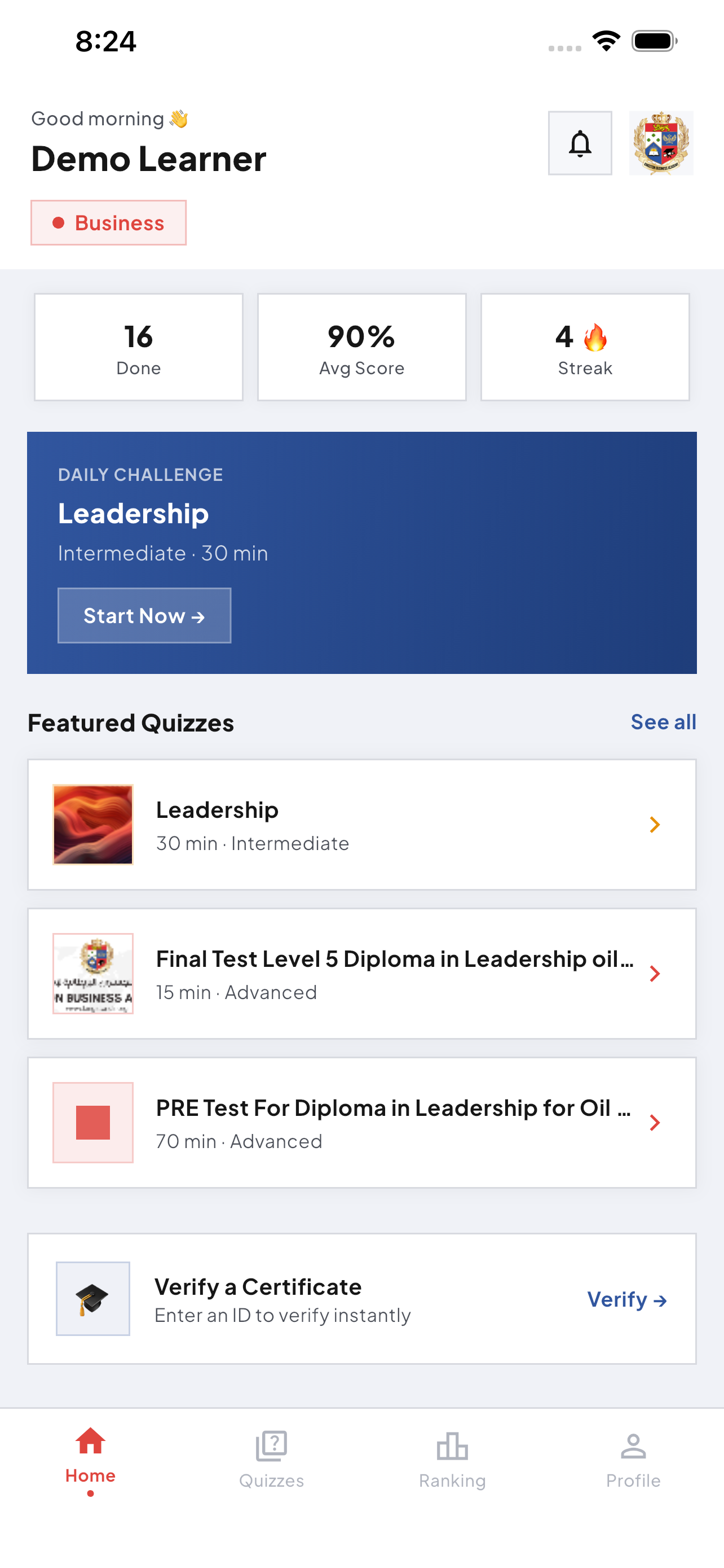 Kingston Business Academy app home screen